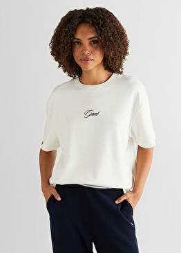 Logolu Krem Rengi Kısa Kollu Kadın T-shirt