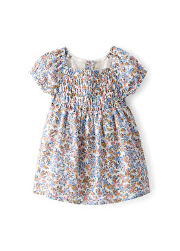Çiçek Desenli Ekru Kısa Kollu Kız Bebek Elbise