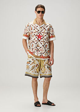 Sarı Figür Desenli İpek Bermuda