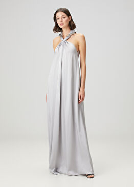 Açık Mavi Maksi Saten Abiye Elbise