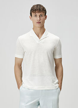 Beyaz Polo Yaka Keten T-shirt