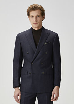 Lacivert Çizgi Desenli Yün Kruvaze Takım Elbise