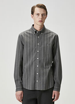 Comfort Fit Gri Çizgi Desenli Gömlek