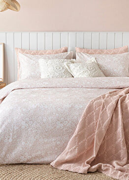 Dahlia Baskılı Pudra Ekru Bambu Pamuk King Size Nevresim Seti 260 x 220 cm