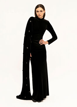 Siyah Kadife Taş İşlemeli Sırt Dekolteli Uzun Kollu Kadın Abiye Elbise