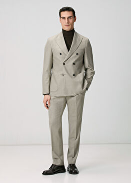 Bej Yün Karışımlı Kruvaze Takım Elbise