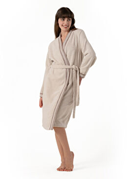 Viseu Bej Pamuklu Jakar Bordürlü Unisex Bornoz  