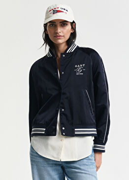 Lacivert Logolu Hakim Yaka Regular Fit Kadın Bomber Ceket