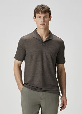 Kahverengi Polo Yaka Keten T-shirt