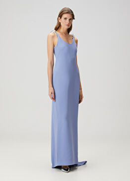 Mavi Sırt Dekolteli Maksi Abiye Elbise