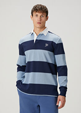 Mavi Polo Yaka Şerit Desenli Sweatshirt