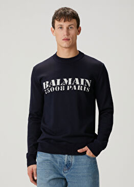 Lacivert Logo Jakarlı Merino Kazak