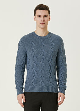 Açık Mavi Saç Örgü Dokulu Yün Kazak