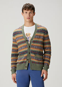 Yeşil Etnik Desen Jakarlı Triko Hırka