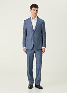 Açık Mavi Ekose Desenli Yün Takım Elbise