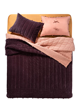 Okhla Vişne kil Rengi El İşi Kapitoneli Pamuk Kadife King Size Yatak Örtüsü Seti 260 x 280 cm