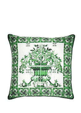 Yeşil Beyaz Desenli 45x45 İpek Dekoratif Yastık