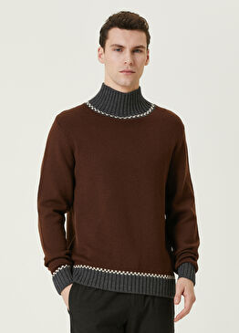 Kahverengi Balıkçı Yaka Colorblocked Yün Kazak