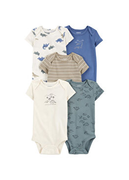 Renkli Dinazor Desenli Kısa Kollu 5'li Erkek Bebek Body Set