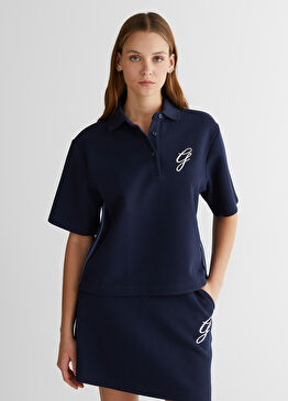 Logolu Lacivert Polo Yaka Kısa Kollu Kadın T-shirt