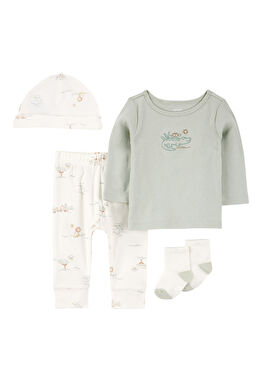 Yeşil Bluz Pantolon Şapka ve Çorap Erkek Bebek 4'lü Ser