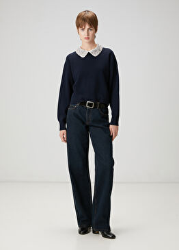 Koyu Mavi Geniş Paça Jean Pantolon