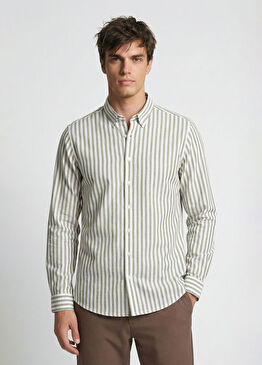 Slim Fit Haki Çizgi Desenli Keten Gömlek