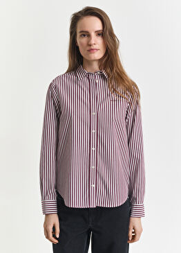 Bordo Çizgili Klasik Yaka Regular Fit Uzun Kollu Kadın Gömlek
