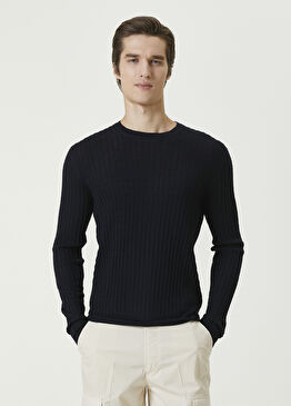 Lacivert Çizgi Dokulu Yün Kazak