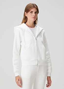Beyaz Kapüşonlu Fermuarlı Sweatshirt