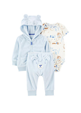Mavi Hırkalı Erkek Bebek 3'lü Set