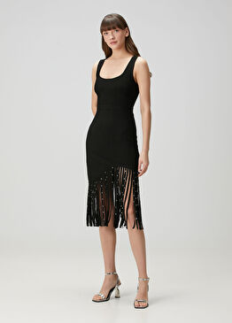 Reagan Siyah Troklu Püsküllü Midi Abiye Elbise