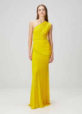 Sarı Drapeli Maksi Krep Abiye Elbise