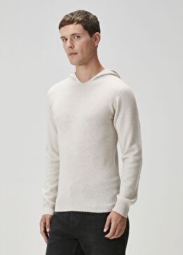 Bej Kapüşonlu Yün Kazak