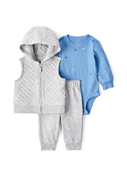 Gri Kapüşonlu Yelek Pantolon ve Çıtçıtlı Body Erkek Bebek 3'lü Set