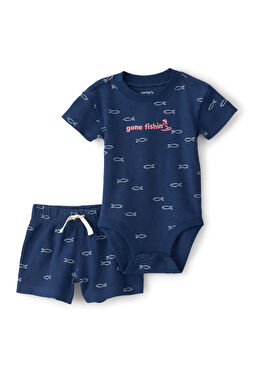 Baskılı Mavi Kısa Kollu T-shirt ve Şort Erkek Bebek 2'li Set