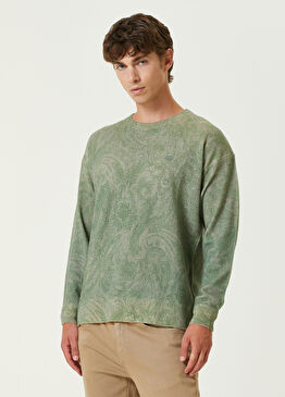 Yeşil Etnik Desen Jakarlı Yün Kazak