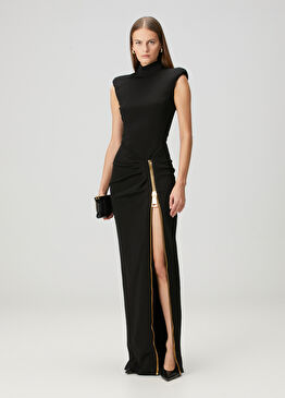 Siyah Fermuar Detaylı Maksi Abiye Elbise