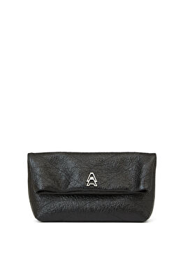 Siyah Metalik Crinkle Kadın Deri El Portföyü