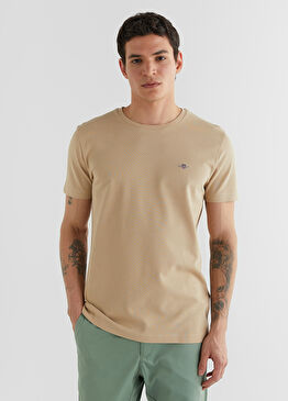 Bej Bisiklet Yaka Slim Fit Kısa Kollu Erkek T-Shirt