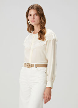 Ekru Dantelli İpek Gömlek