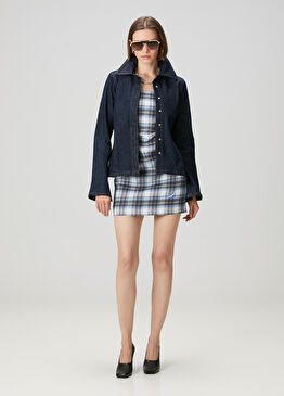 Mavi Siyah Ekoseli Mini Keten Elbise