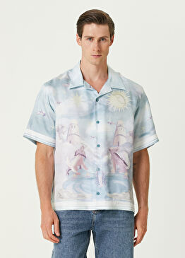 Boxy Fit Açık Mavi Tarot Desenli İpek Gömlek