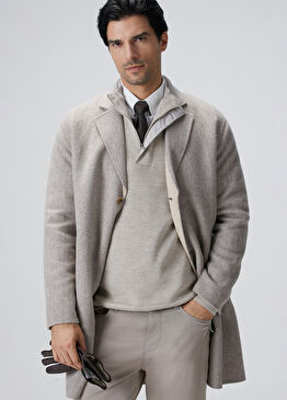 Bej Melanj Yün Karışımlı Dikişsiz Handmade Palto