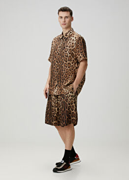 Leopar Desenli Beli Kordonlu İpek Bermuda