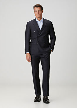 Koyu Mavi Çizgi Desenli Yün Kruvaze Takım Elbise