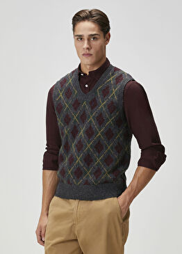 Gri Geometrik Desen Jakarlı Yün Süveter