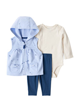 Mavi Kapüşonlu Yelek Pantolon ve Çıtçıtlı Body Kız Bebek 3'lü Set