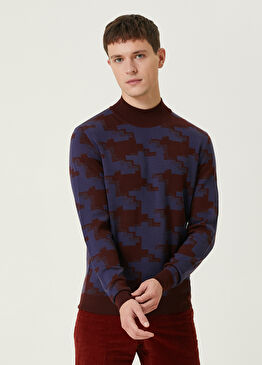 Bordo Lacivert Kazayağı Desenli Yün Kazak