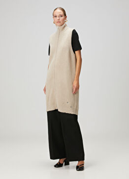 Bej Fermuarlı Yün Bluz